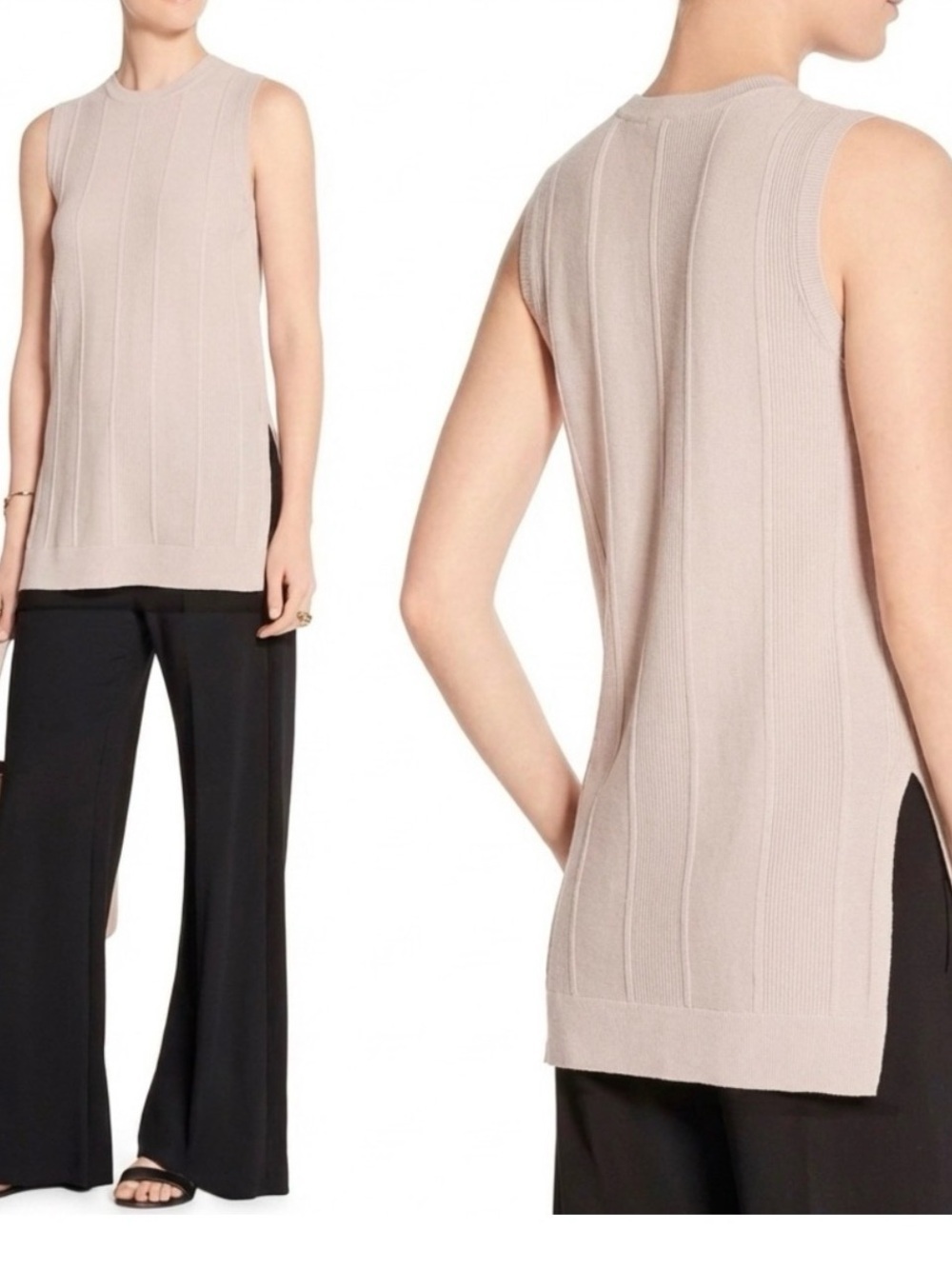 Theory 100% Cashmere Meenaly Sleeveless Knit Top Sweater Vest Cream Long Line